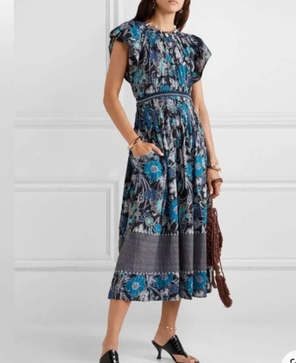 ULLA JOHNSON Sz 6 Blue Voile Floral Print Lottie Dress Midi Red White Blue